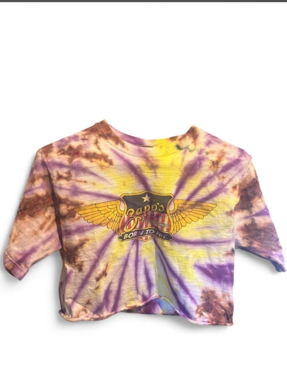 Fruit of the Loom Women’sTie-Dye Tee with Zapp’s Graphic-Purple, Yellow, Brown